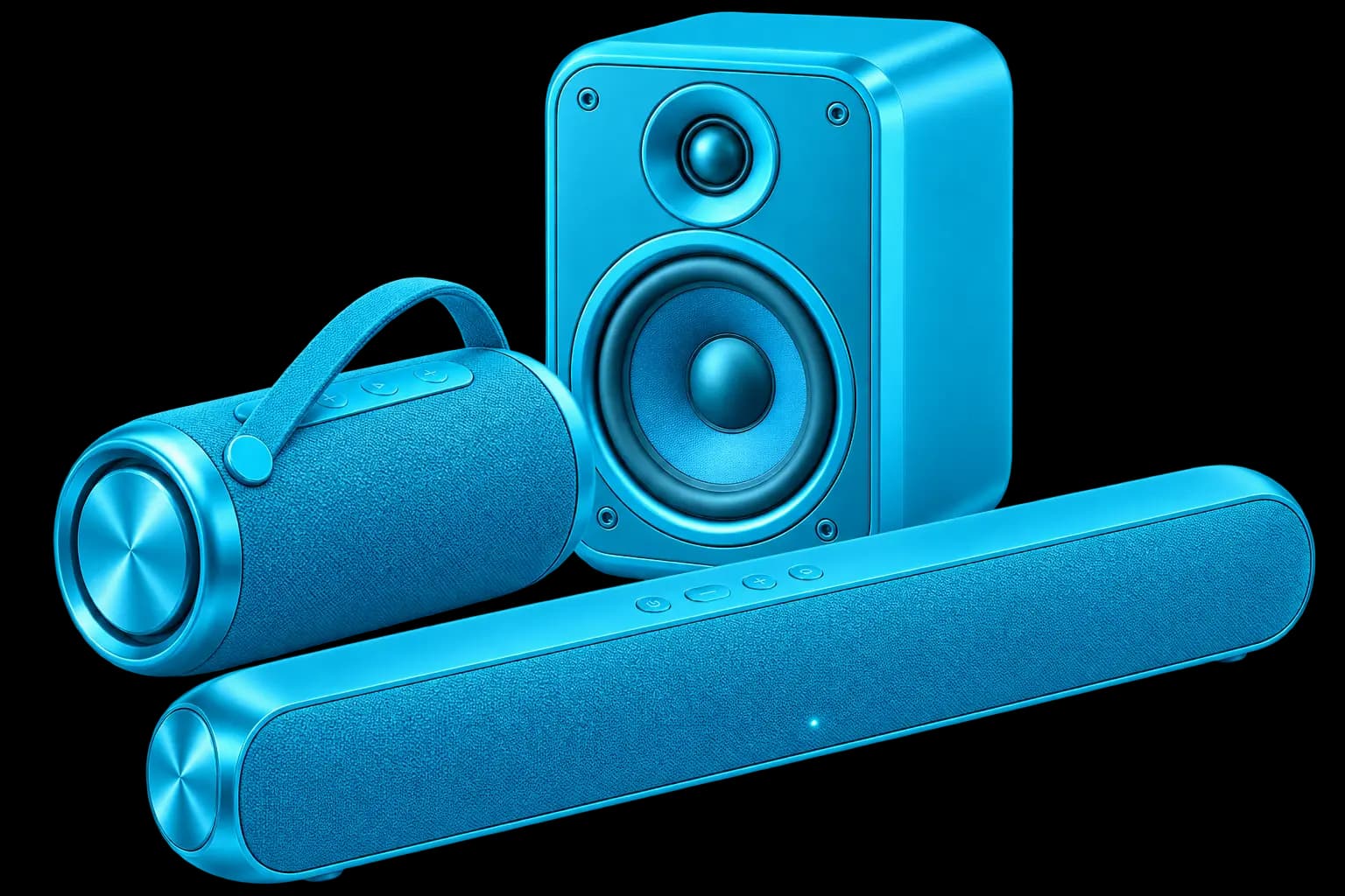 A bookshelf speaker, a soundbar and a portable Bluetooth speaker, side by side.